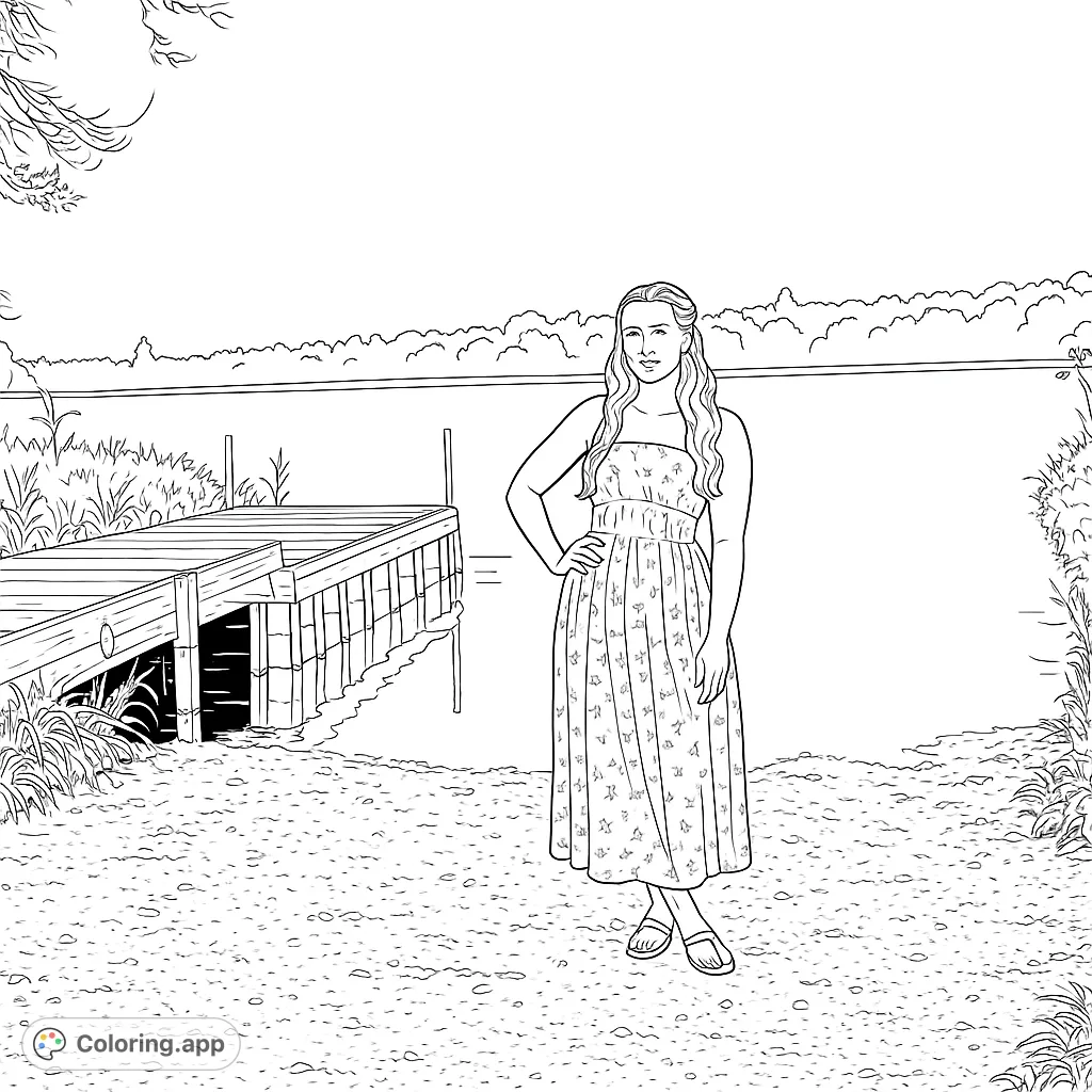 Capture the peaceful beauty of a woman by a tranquil lake with a wooden dock and distant trees. A serene nature scene perfect for mindful coloring.