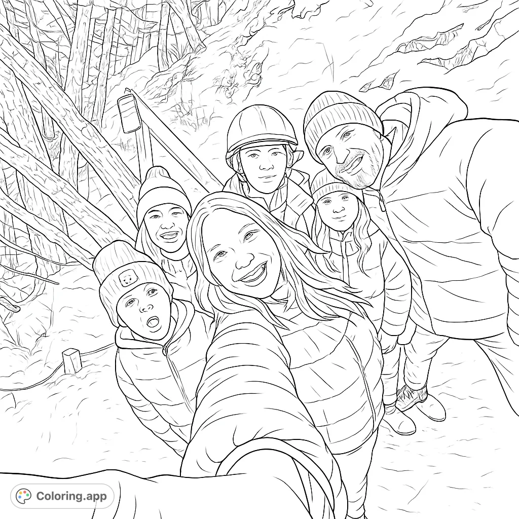 Capture a joyful winter family adventure in a snowy landscape. Perfect for all ages to color and personalize.