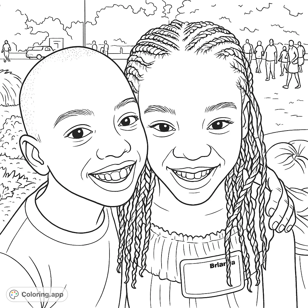 A heartwarming portrait of two smiling children, perfect for a joyful coloring experience. Capture their happiness with your favorite shades.