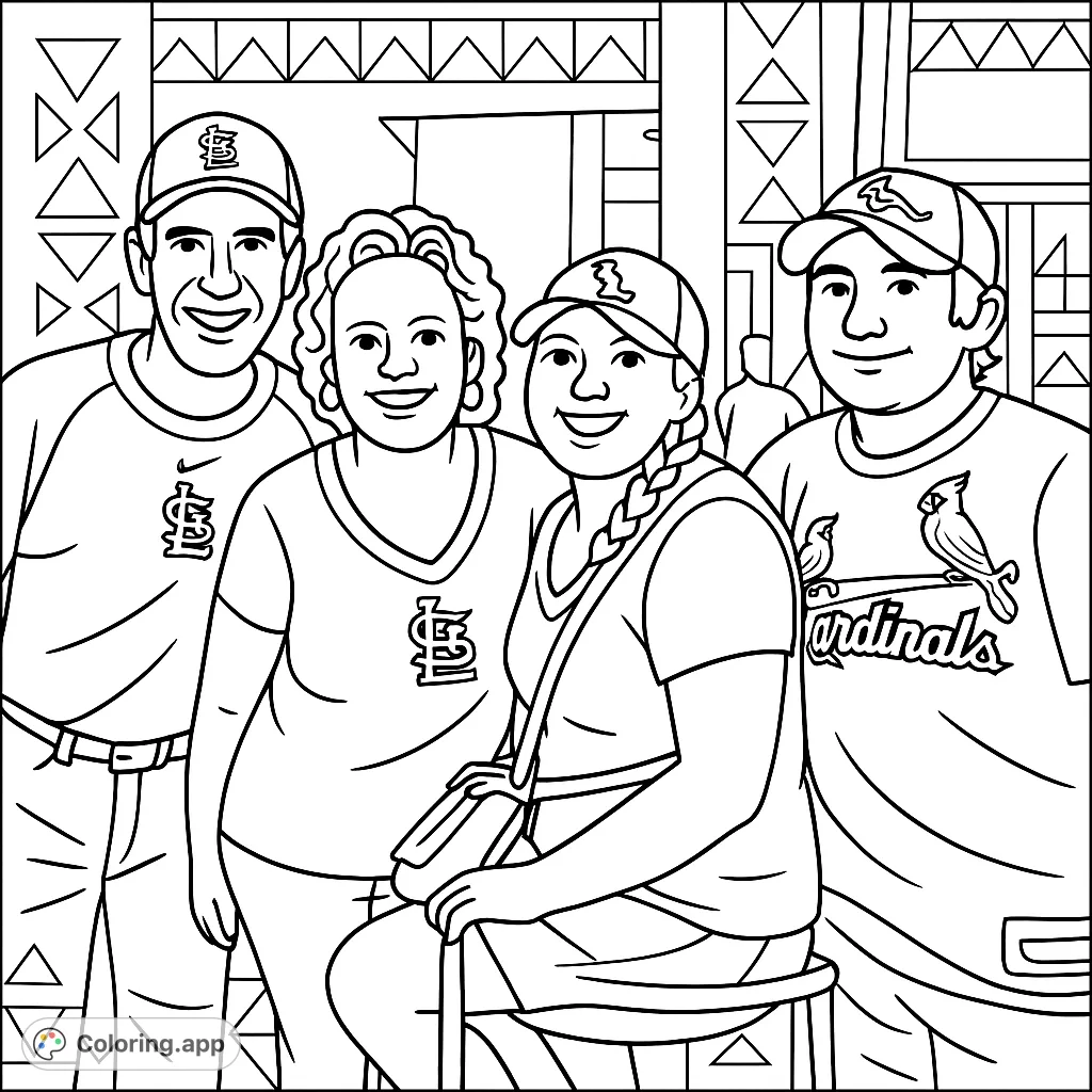 Join a cheerful group of baseball fans in their team gear! This simple, cartoony design with bold outlines and geometric patterns is perfect for all ages.