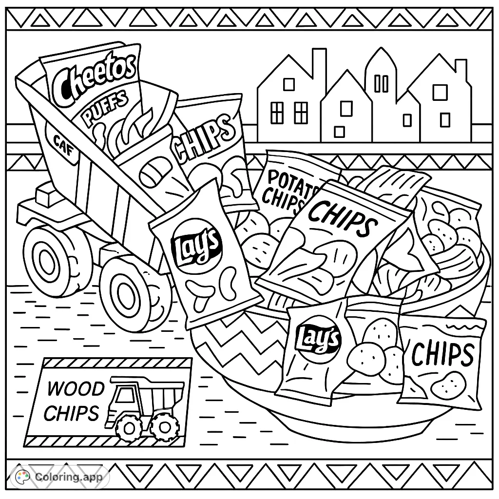 A fun construction-themed coloring page featuring a dump truck overflowing with snacks and decorative geometric patterns. Perfect for kids!