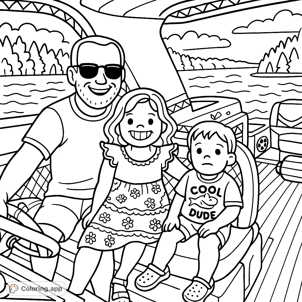 Enjoy a delightful family boat day adventure! This simple coloring page features a man and two children on a boat, perfect for a relaxing creative escape.