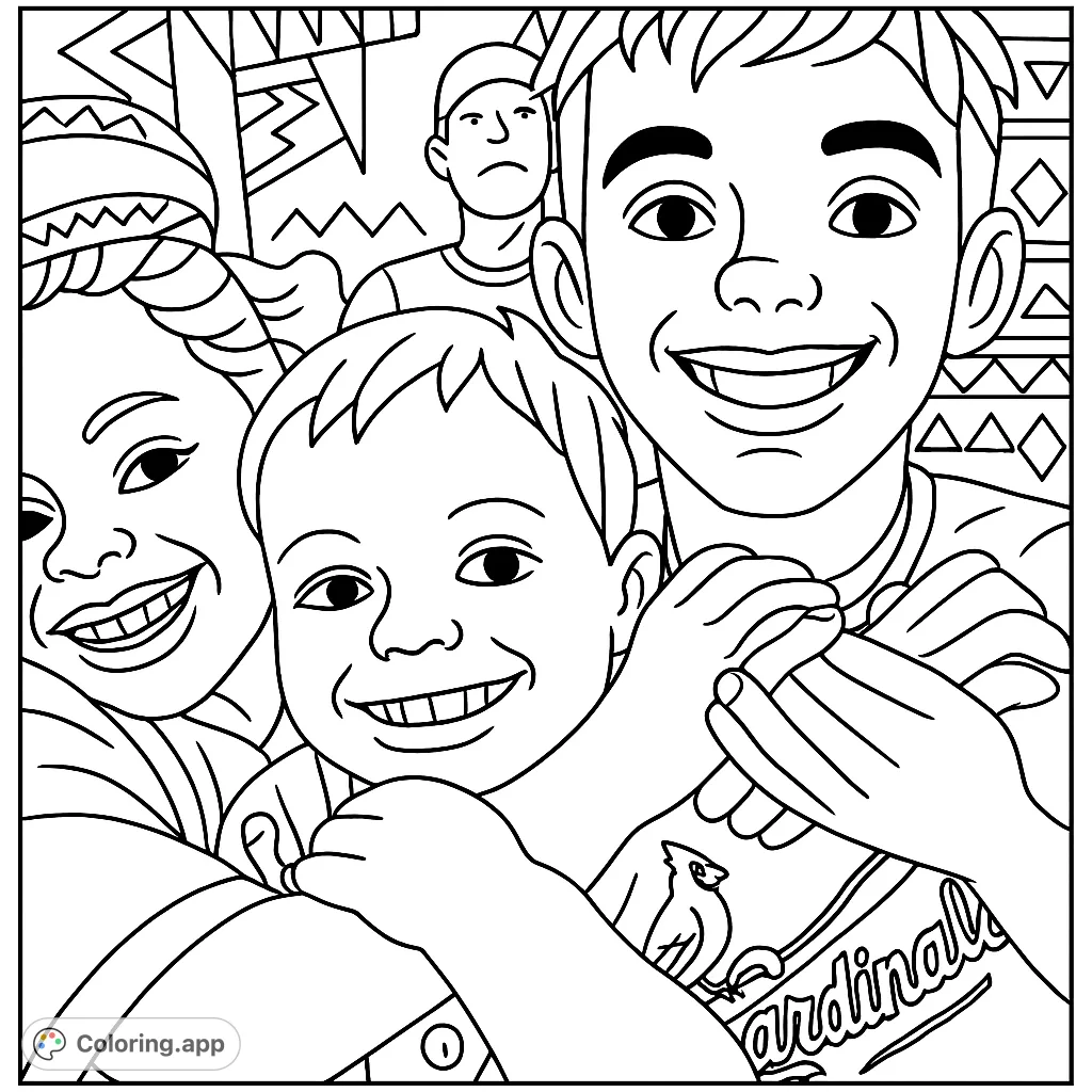 Capture the joy of a family outing with this delightful coloring page featuring three smiling faces at a sports event. Perfect for all ages!