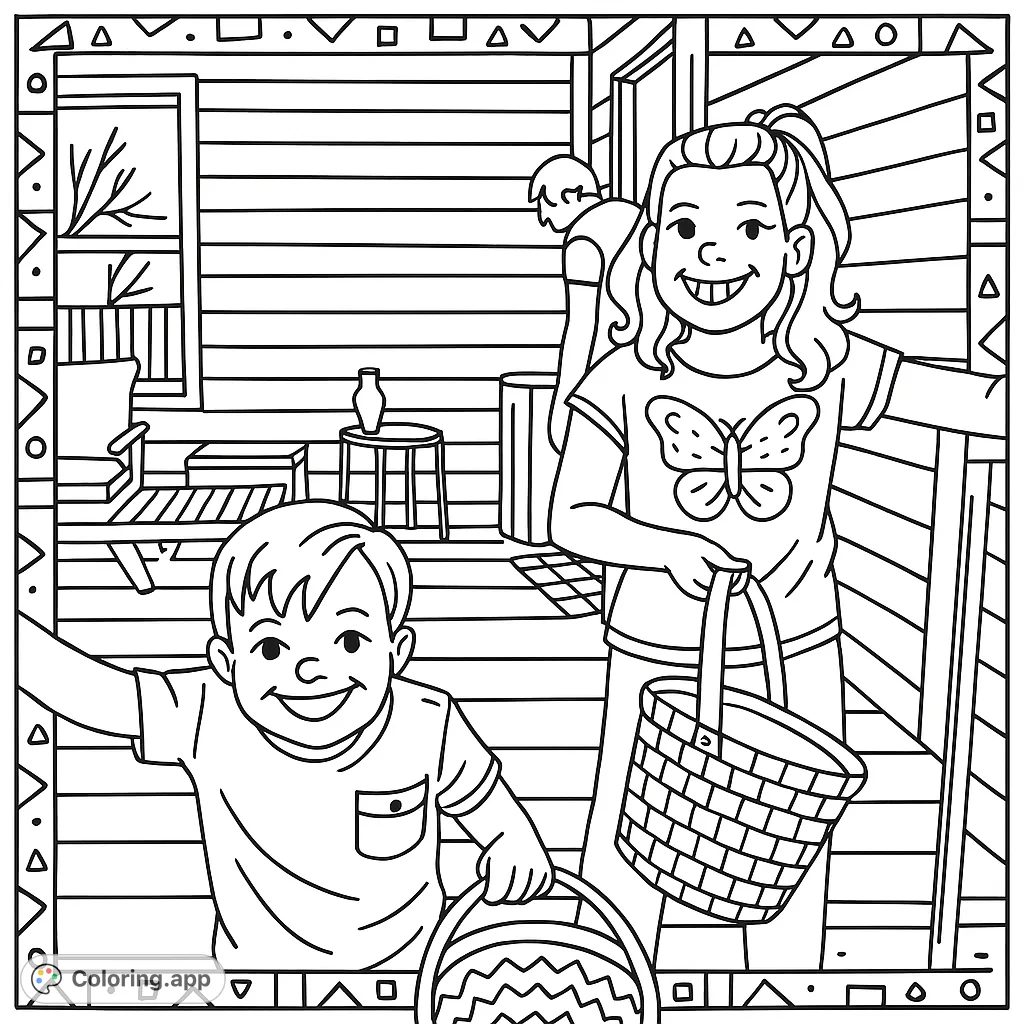 Two happy children on a porch, ready for an adventure with their baskets. A delightful scene for a free printable coloring page, perfect for kids.