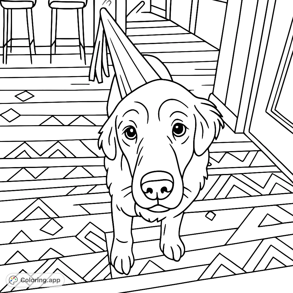 A delightful dog wearing a festive party hat, ready for celebration. This simple and fun coloring page is perfect for all ages.