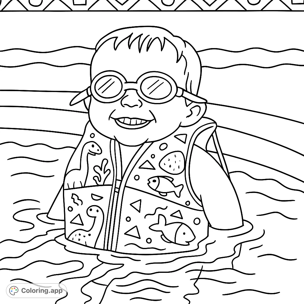 A joyful child in a life vest and goggles, ready for a splash in the pool. A fun and simple design perfect for young colorists.