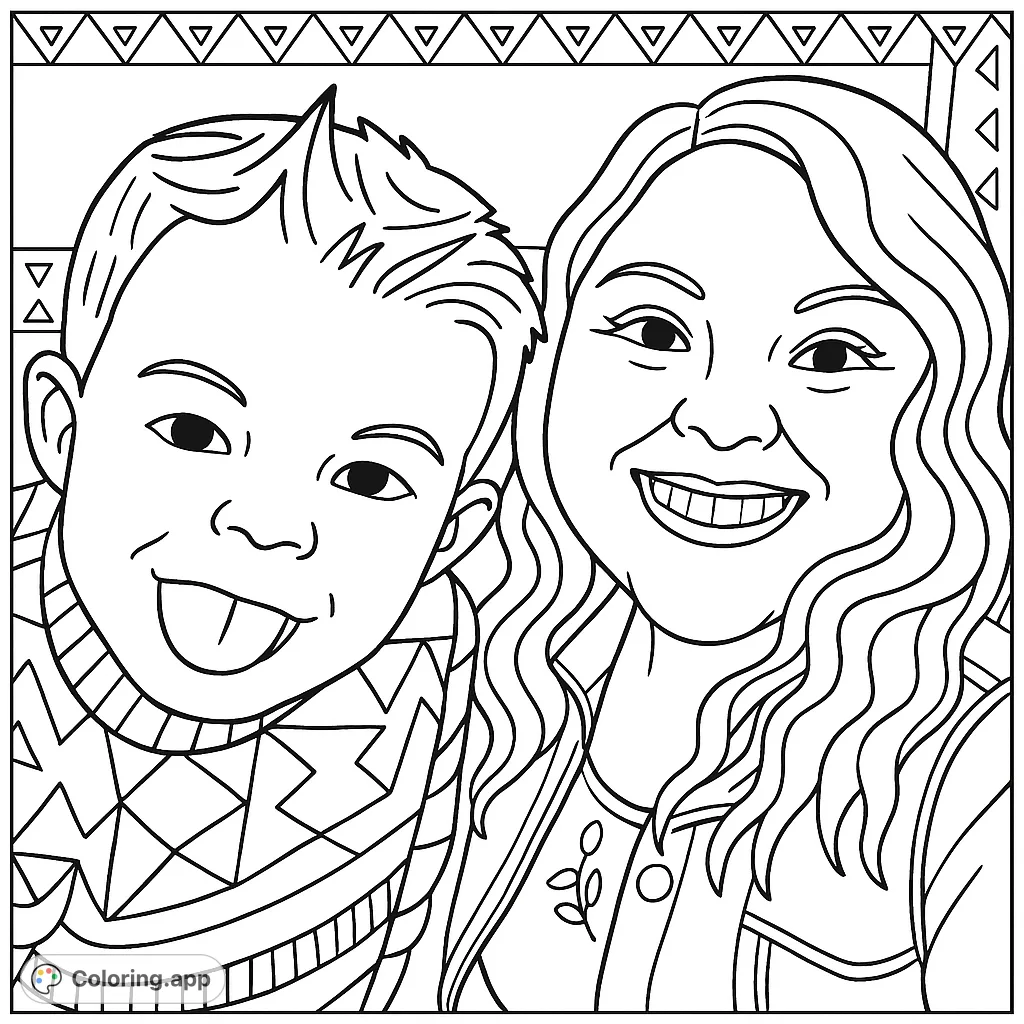 A heartwarming cartoony portrait of a playful child and a smiling adult, perfect for a fun coloring session. Features bold outlines and geometric patterns.