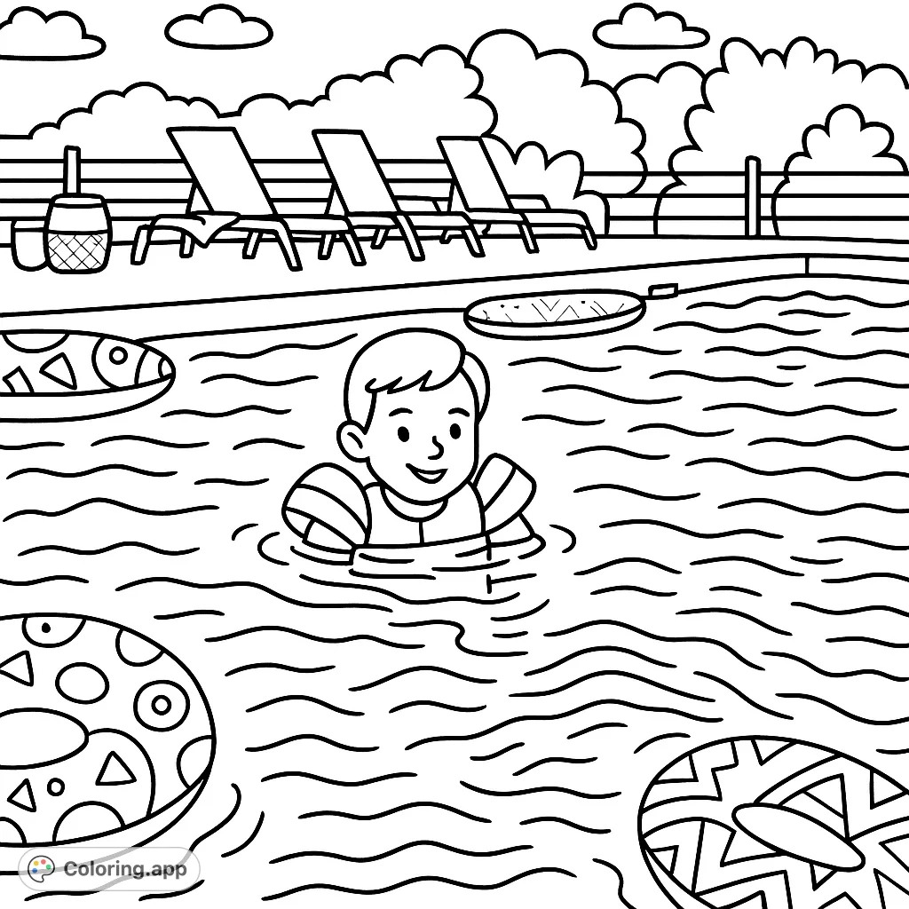 Dive into summer fun with this cartoony pool scene! A happy child enjoys the water, perfect for easy coloring and creative expression.