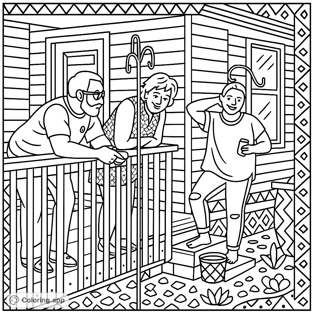Capture a lively porch scene with friends, perfect for a relaxing coloring session. Features a cartoony style with bold outlines and geometric patterns.