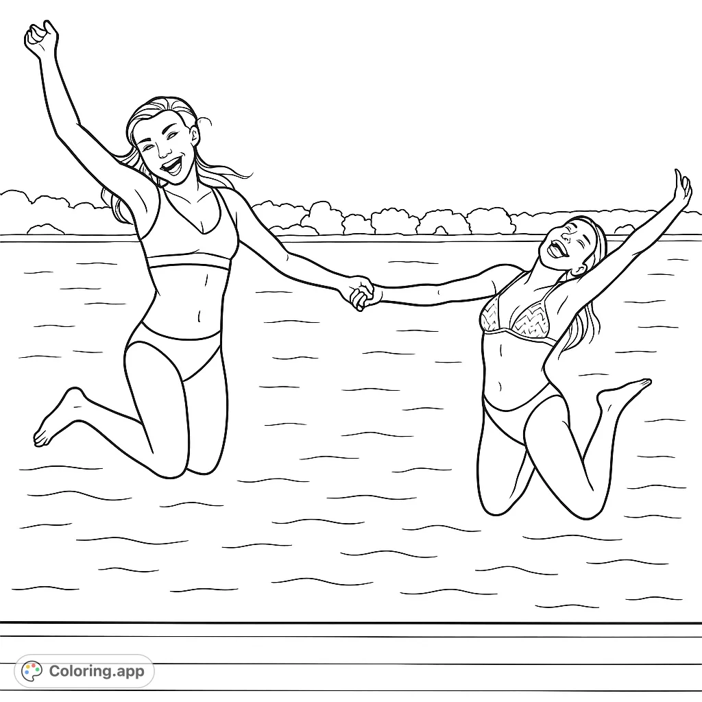 Two friends joyfully jump hand-in-hand into a lake from a dock, capturing a moment of summer fun. A perfect summer lake coloring page.