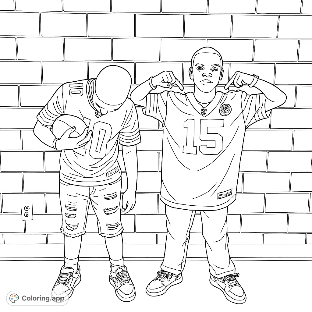 Two young football fans in jerseys, ready for game day! A fun, free printable sports coloring page for kids and adults.