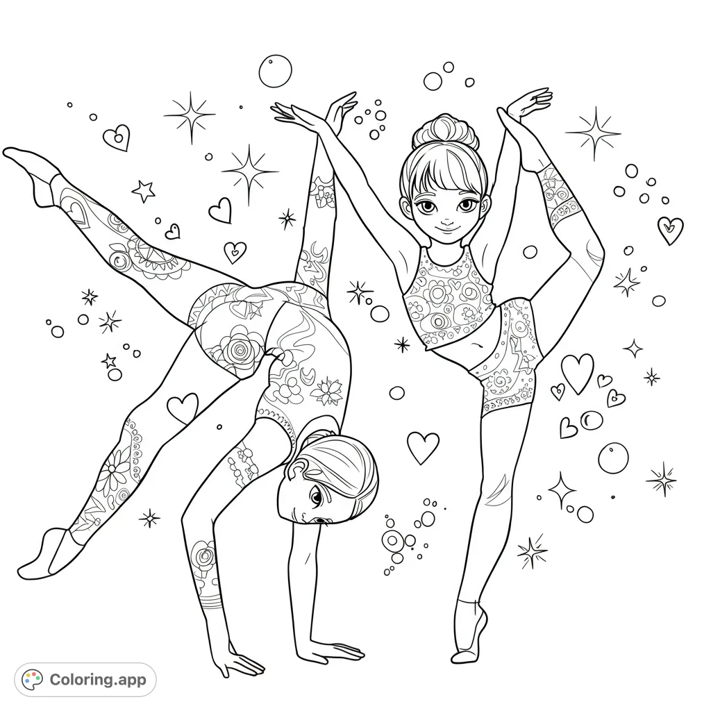 Dynamic acro girls in graceful poses, surrounded by stars and hearts. A hand-drawn sketch appearance for a fun, inspiring coloring experience.
