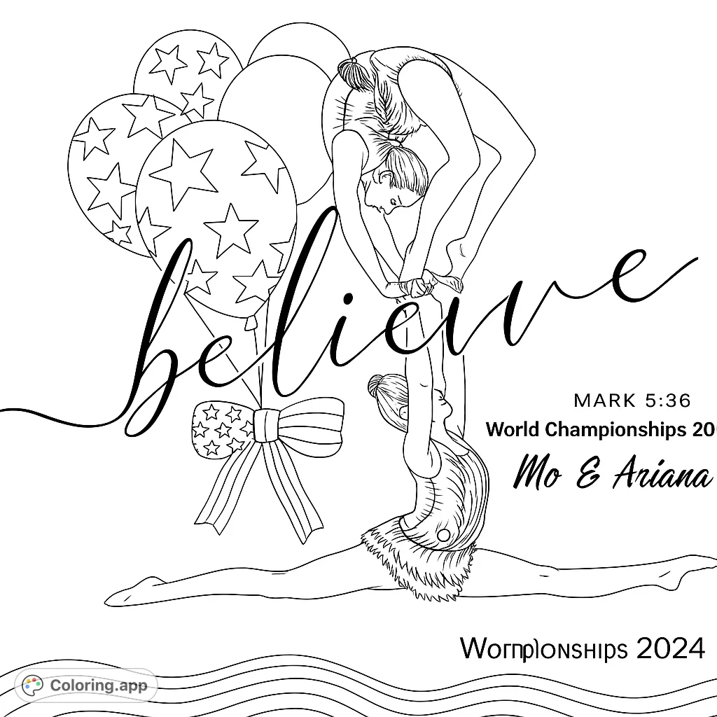 Celebrate strength and grace with this acrobatic gymnastics duo coloring page, featuring athletes in an inspiring pose with festive elements.
