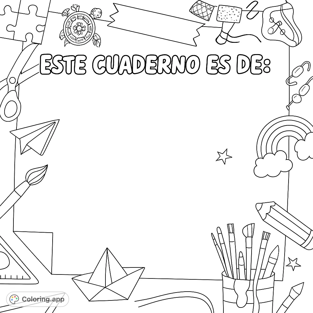 A fun, creative coloring page featuring a central blank space framed by an assortment of school and art supplies, perfect for personalization.