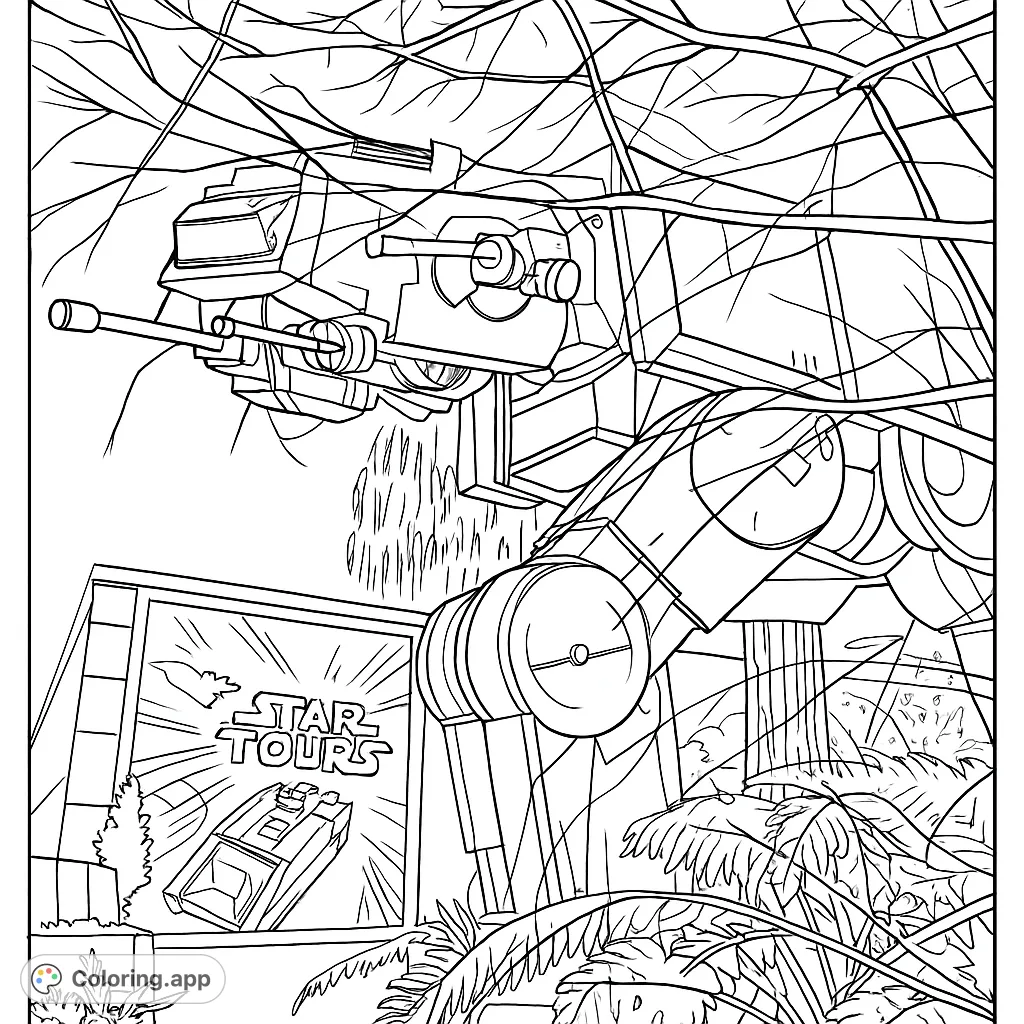 A colossal mechanical walker stands partially hidden by tree branches, with a futuristic building and sky in the background. Perfect for sci-fi fans.