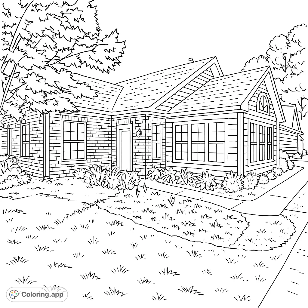 Color a charming suburban home with detailed brickwork, siding, and lush landscaping. Perfect for architecture and nature enthusiasts.