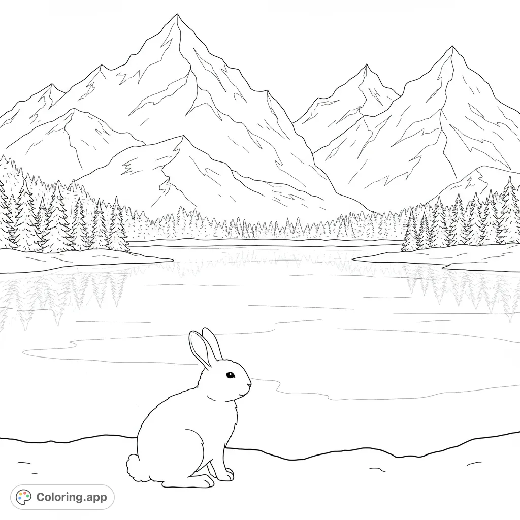A serene winter landscape featuring a snow rabbit by a frozen lake, surrounded by majestic snowy mountains. Perfect for nature lovers.