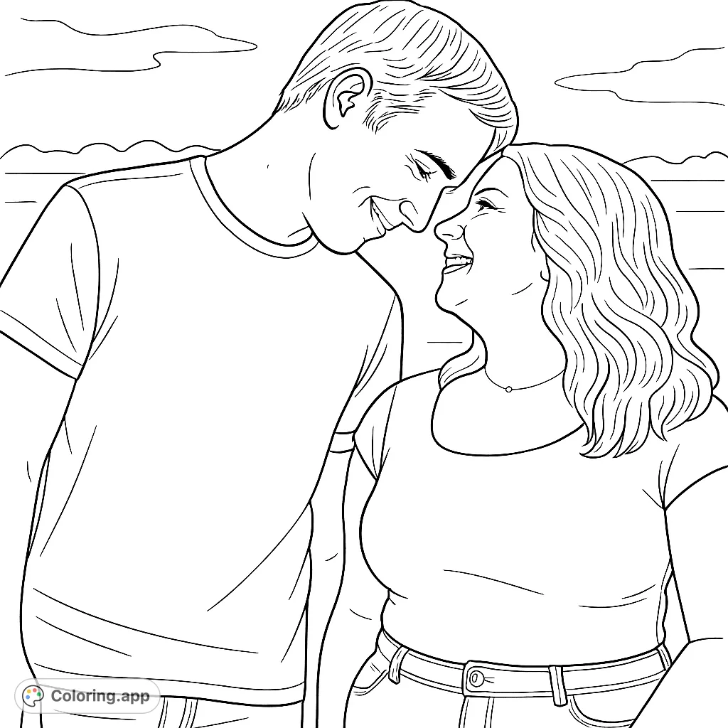 Capture a tender moment between a couple, foreheads touching, smiling in an open outdoor setting. A romantic and heartwarming scene.