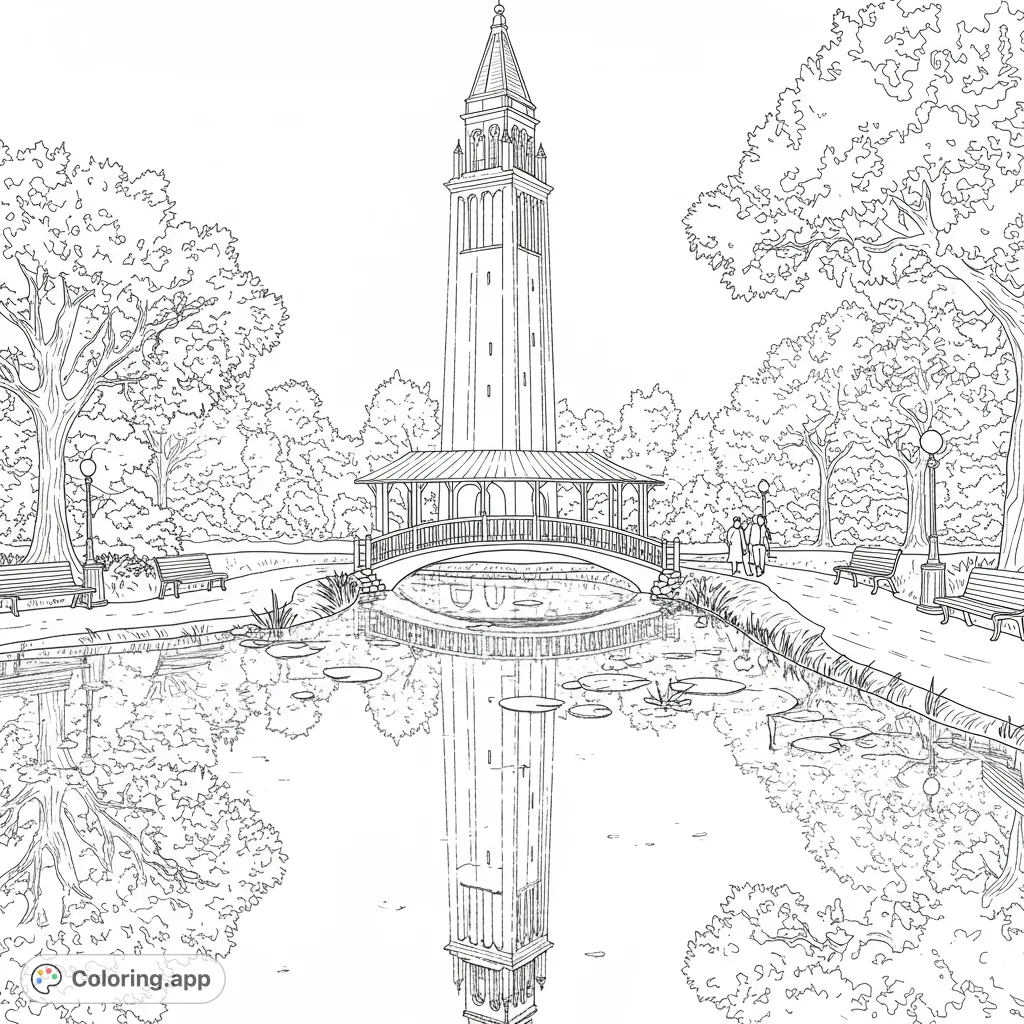 Discover the majestic Carillon at Baker Park, featuring its intricate bell tower, a serene pond with a graceful bridge, and people enjoying the peaceful park setting.