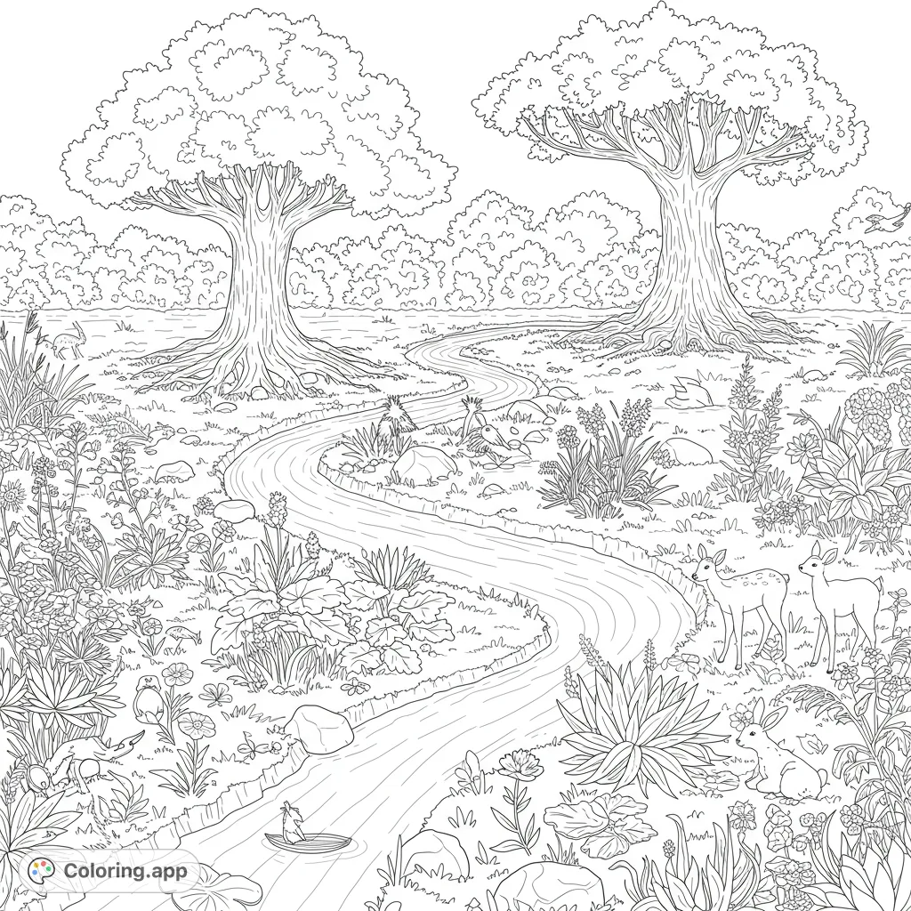 Explore a pristine Garden of Eden coloring page featuring the Tree of Life, Tree of Knowledge, winding rivers, lush flora, and peaceful animals.