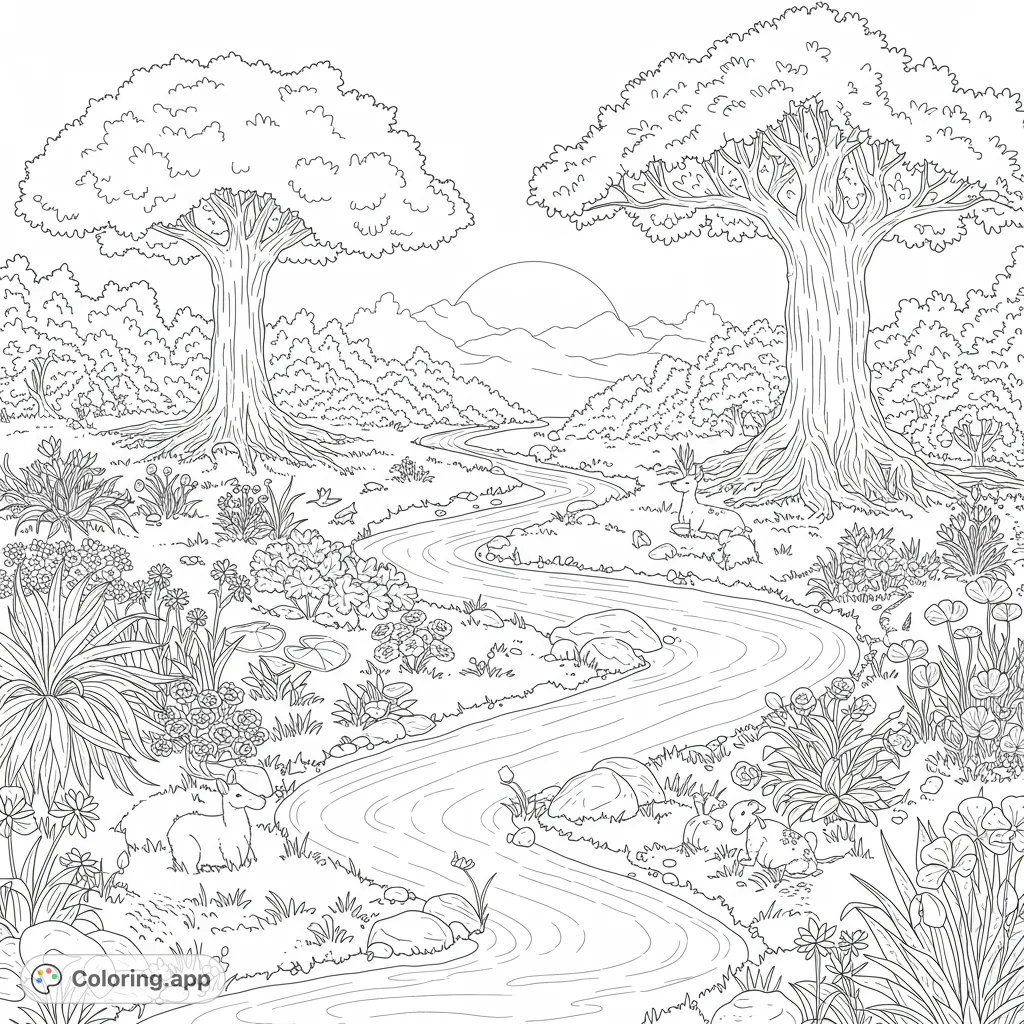 Explore a serene Garden of Eden coloring page featuring two iconic trees, four flowing rivers, and abundant nature. A free printable for all ages.