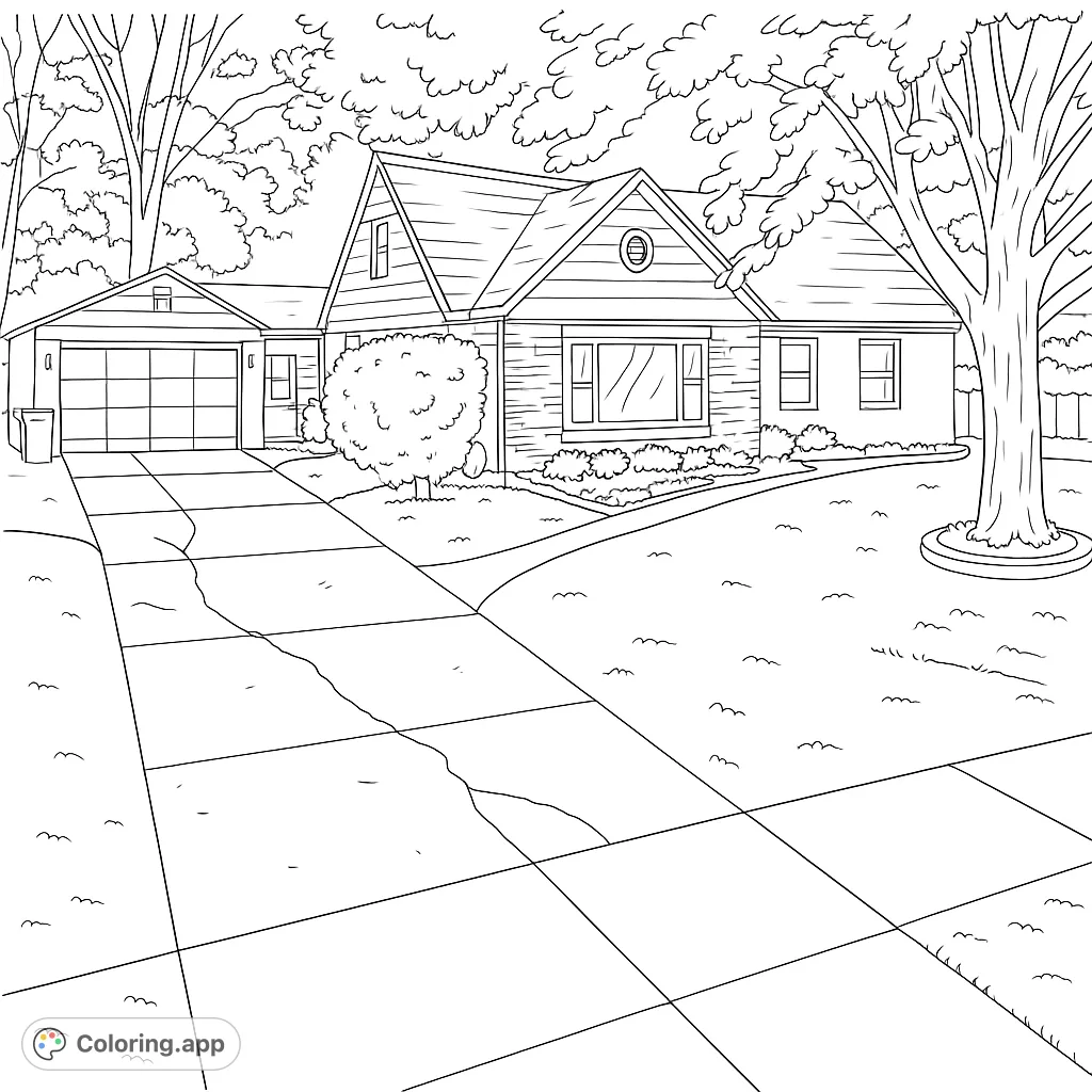 Explore a delightful suburban house coloring page, featuring a charming home, lush yard, and detailed driveway. Perfect for all ages.