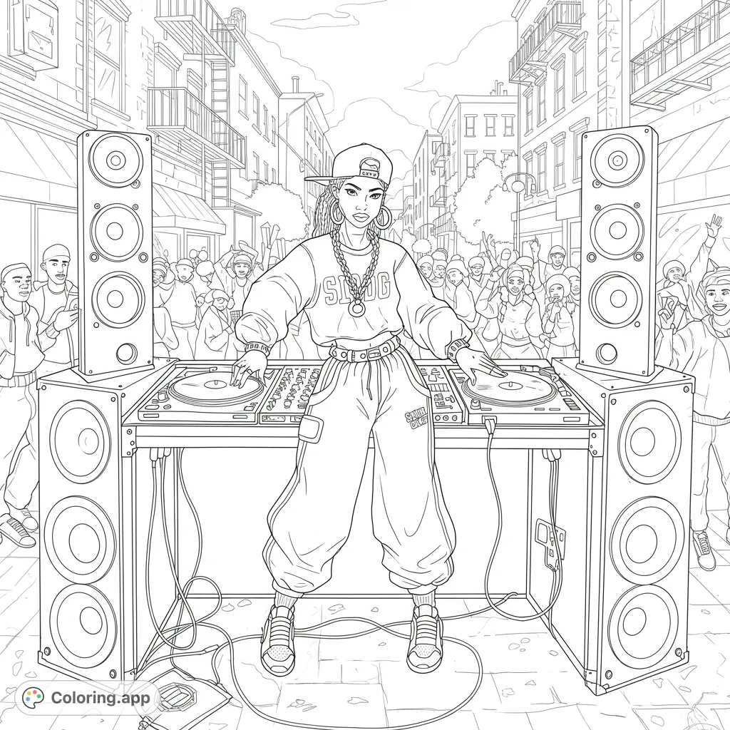 Experience the vibrant energy of a Harlem block party! A female DJ spins tracks in 90s hip-hop style amidst a dancing crowd.