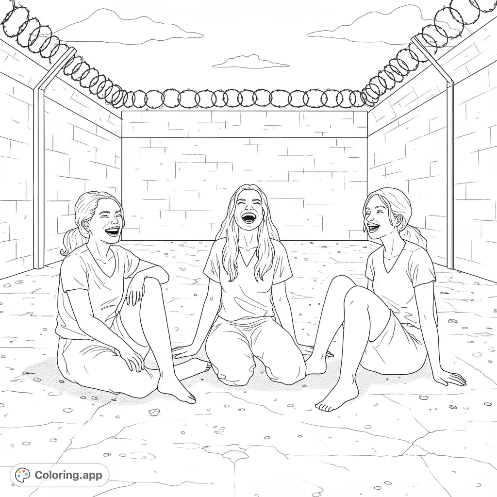 Discover a unique prison yard coloring page featuring three women sharing a moment of laughter, set against a backdrop of high walls and open sky.