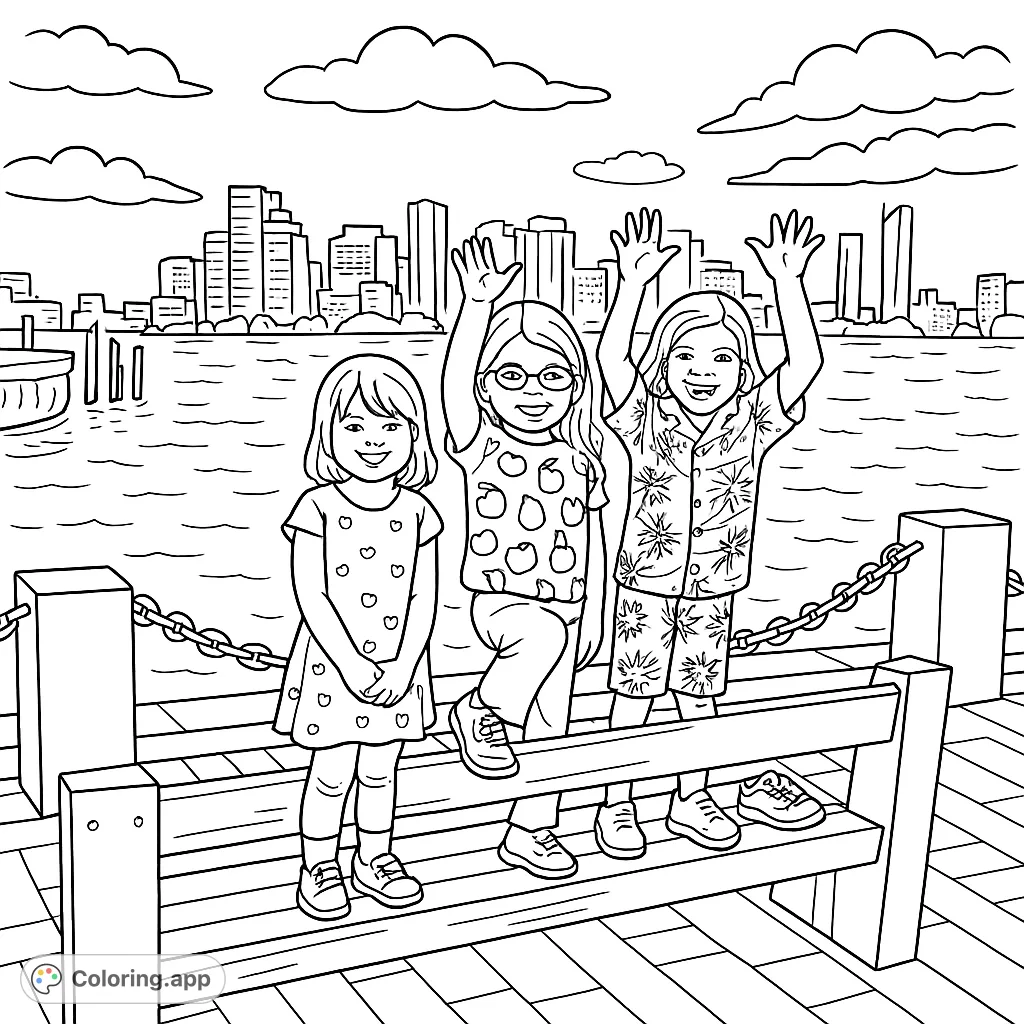 Three happy kids wave by a city waterfront, with a detailed skyline and boats in the background. A fun, engaging scene for all ages.