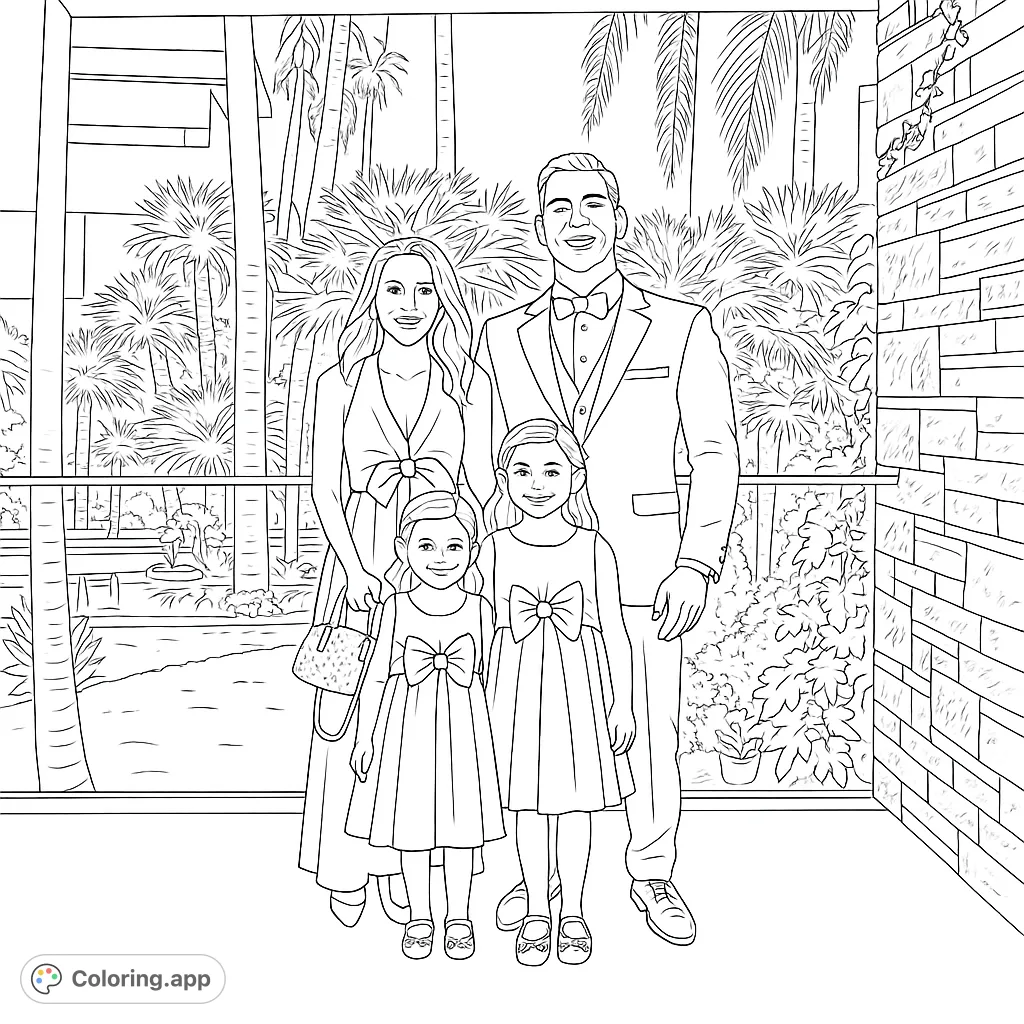 An elegant family portrait featuring two adults and two young girls in formal attire, set against a lush tropical backdrop with palm trees and architectural details.