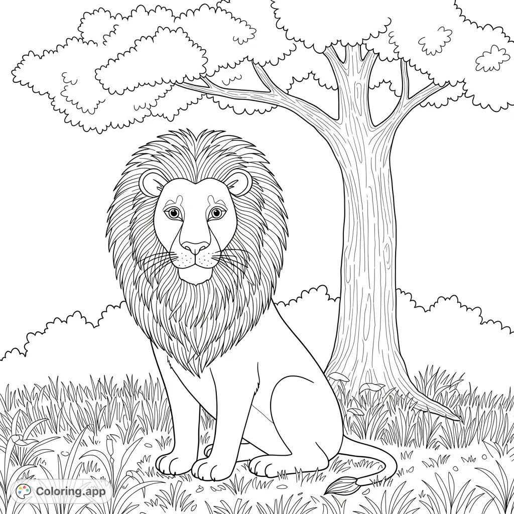 A charming lion with a fluffy mane sits peacefully in a grassy field under a grand tree, ready for a burst of creative colors.