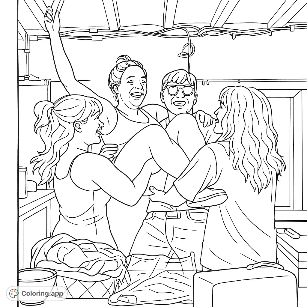 A lively scene of friends lifting one another in celebration, perfect for a fun and engaging coloring experience.