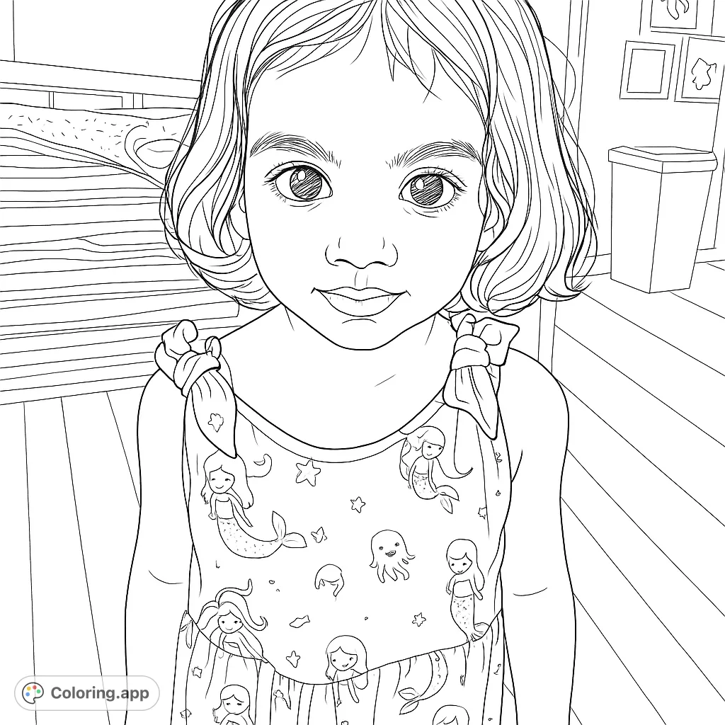 A delightful child in a charming mermaid-patterned dress, perfect for imaginative coloring fun. Features intricate sea creature details.