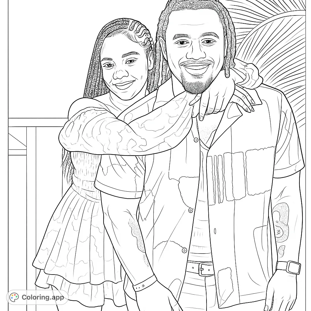 A heartwarming portrait of a couple embracing, featuring intricate details in their attire and hairstyles, perfect for a relaxing coloring experience.