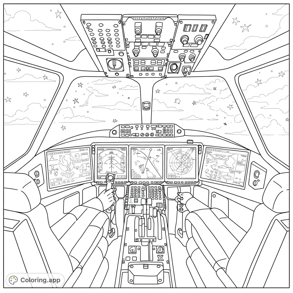 Explore a futuristic cockpit with a pilot navigating through a starry sky. Detailed controls and celestial views await your creative touch in this advanced flight scene.