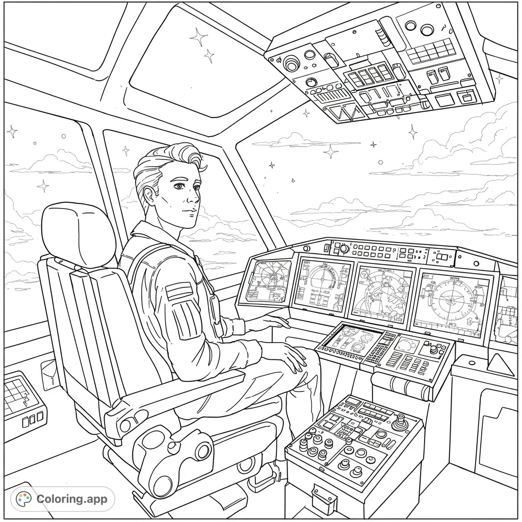 Soar into the future with this futuristic coloring page! A calm pilot in a sleek cockpit, surrounded by glowing displays, gazes at a sky filled with stars and clouds.
