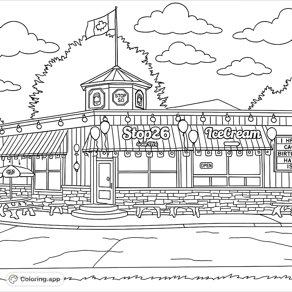 Step into a delightful ice cream shop scene, complete with a flag, striped awnings, and outdoor seating. A perfect summer treat to color!