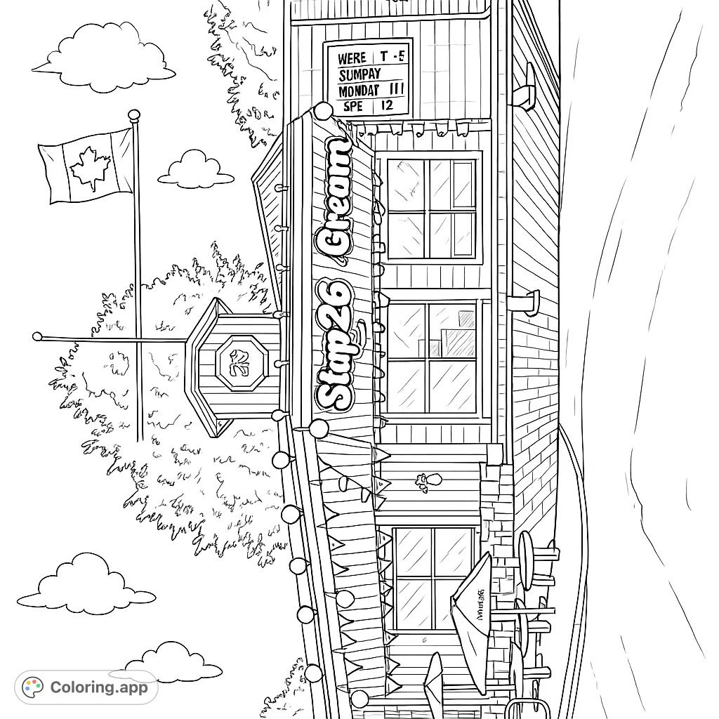 Charming ice cream shop with awnings, outdoor seating, and festive decorations, perfect for a sweet coloring adventure.