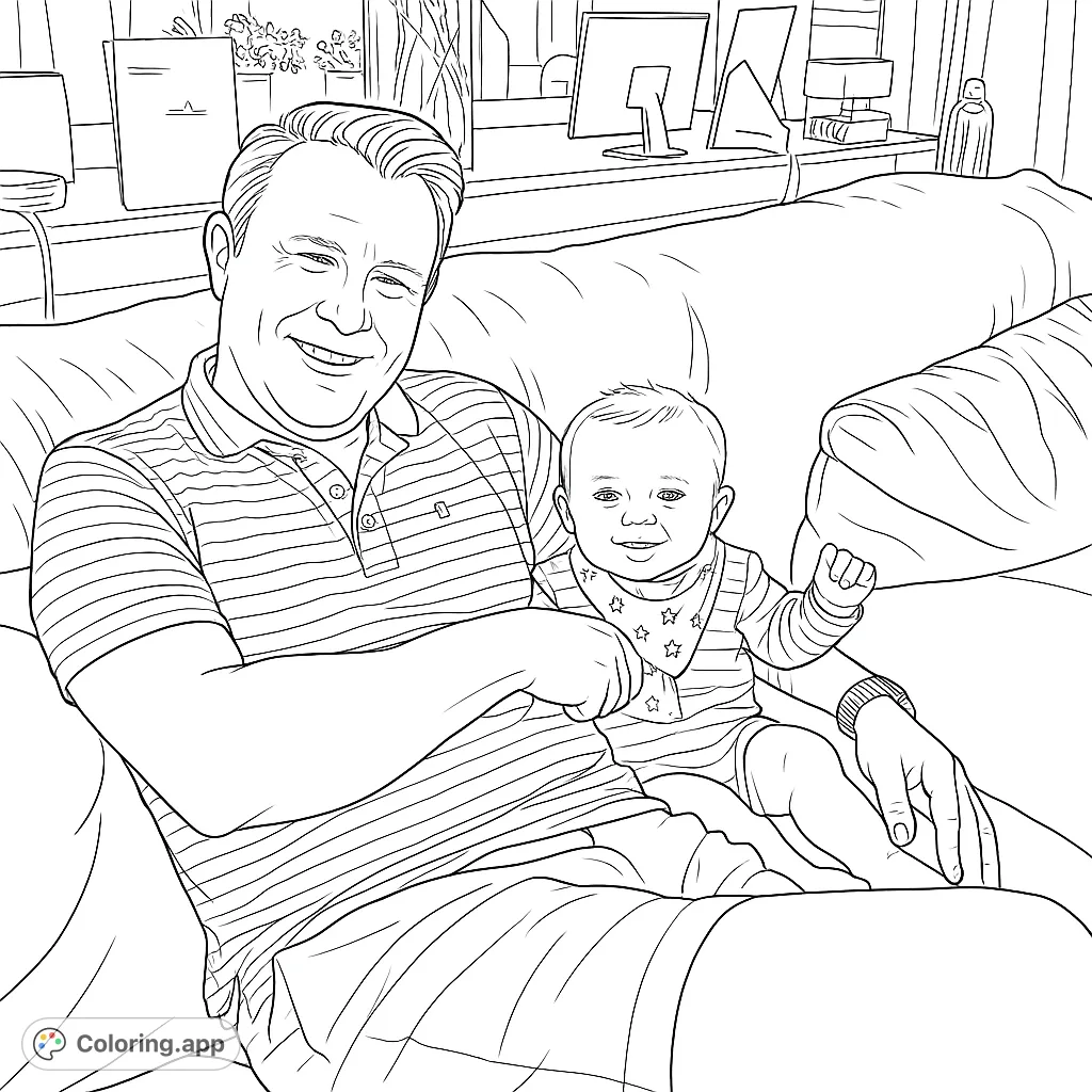 Capture a heartwarming moment between a father and his baby on a cozy couch. A delightful family bonding scene perfect for a free printable family coloring page.