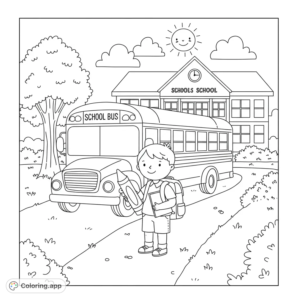 Celebrate the first day of school with a cheerful scene featuring a child, school bus, and classroom elements, perfect for young learners.