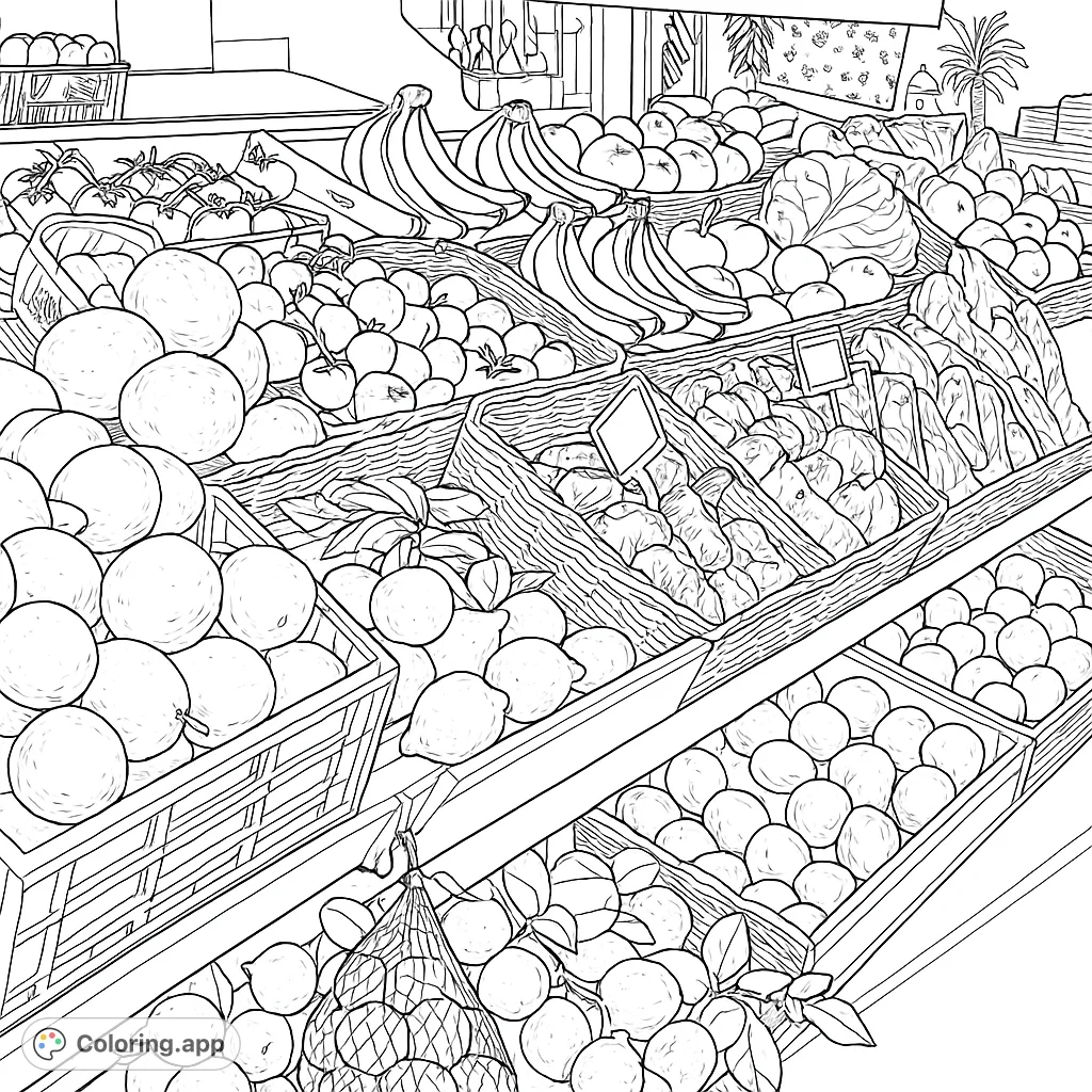 Explore a vibrant market stall overflowing with various fruits, nuts, and packaged goods, offering a delightful coloring experience.