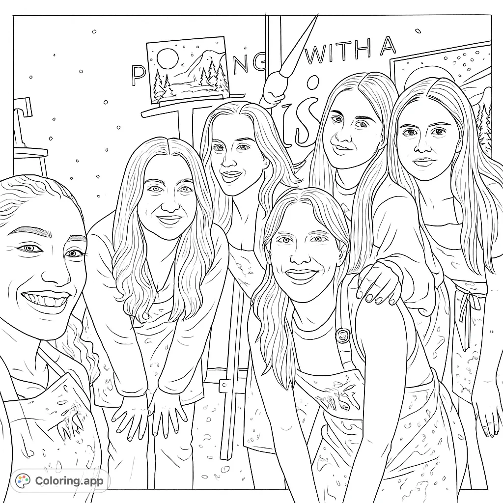 Capture the joy of a creative gathering with this art studio coloring page featuring a group of friends ready to paint. Perfect for art lovers.