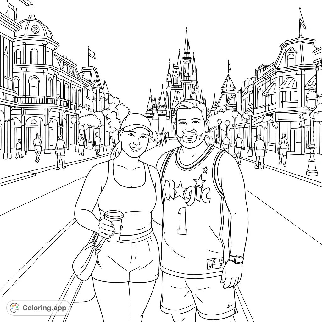 Color a charming couple in front of a majestic fantasy castle and bustling street, filled with intricate architectural details and a magical atmosphere.