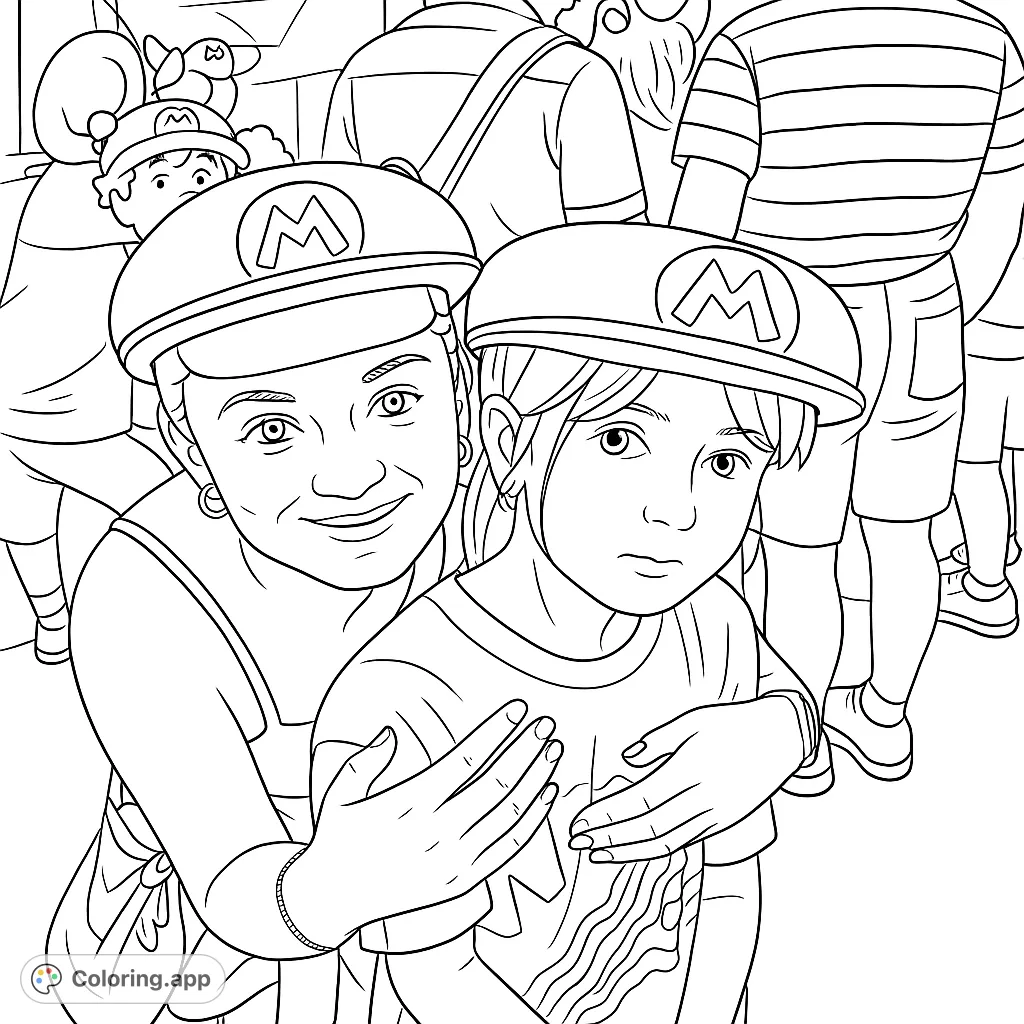 A heartwarming scene of two fans wearing iconic character hats, ready for adventure. Perfect for gaming enthusiasts and family fun.