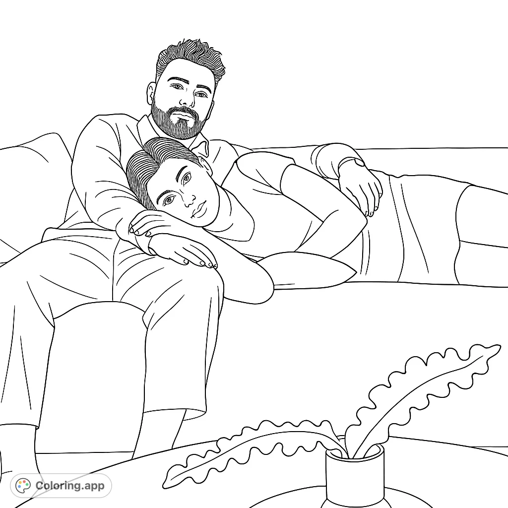 Capture a tender moment with this couple's cozy sofa scene. Perfect for expressing affection and connection through your creative coloring. A heartwarming design.
