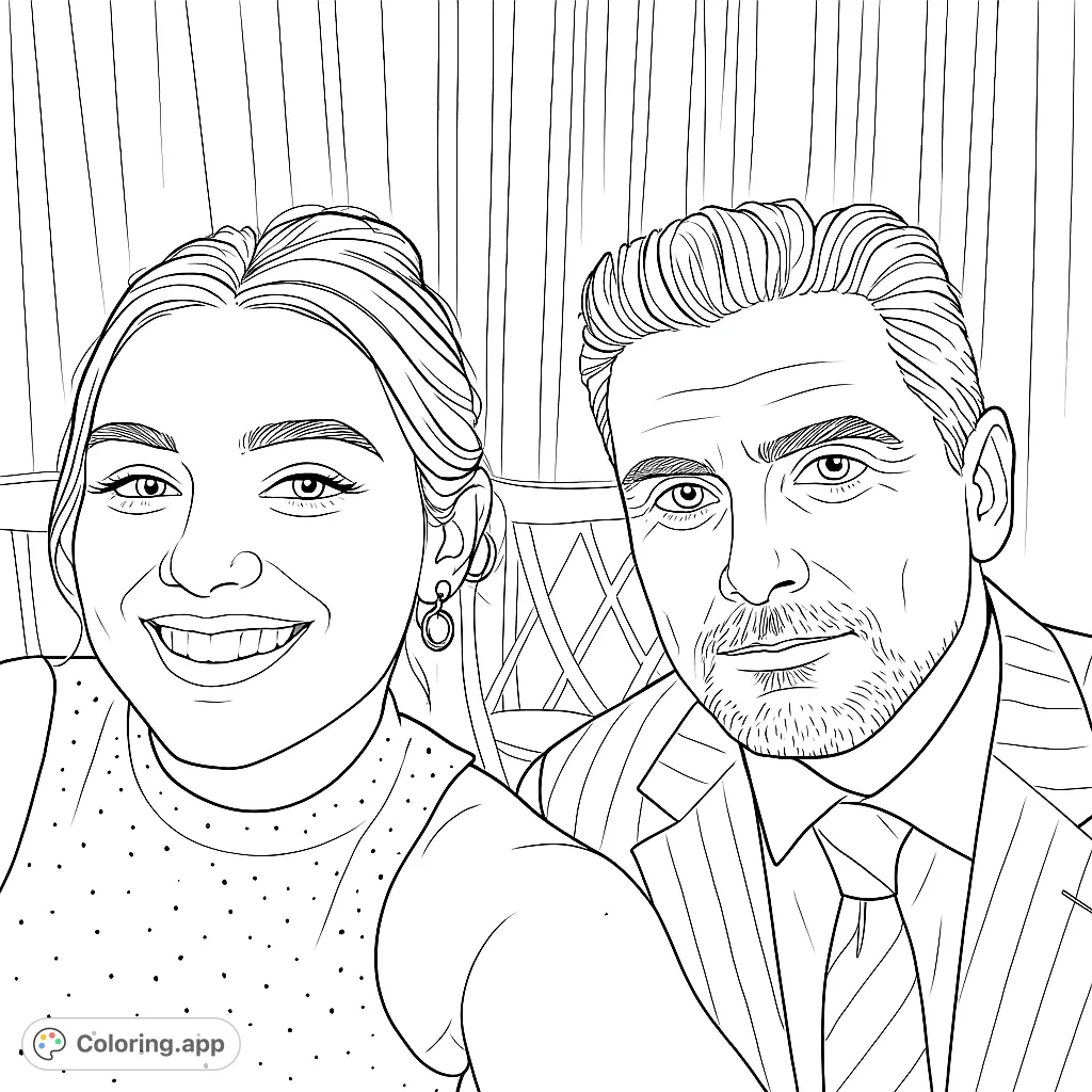A sophisticated portrait of a couple in formal attire, perfect for detailed coloring. Capture elegance and personal style.