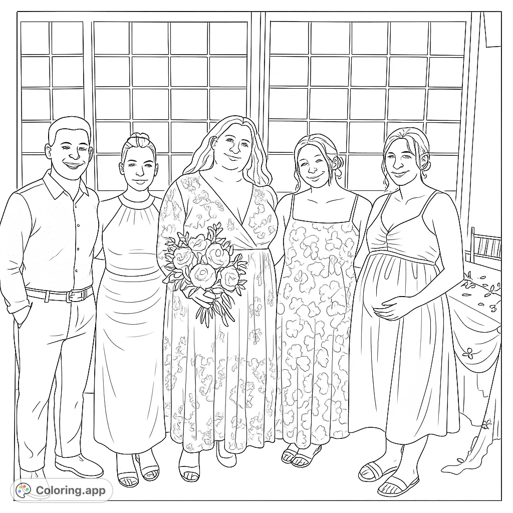 Capture a heartwarming celebration scene with five individuals, including a pregnant woman and a central figure holding a bouquet. Perfect for family-themed coloring.