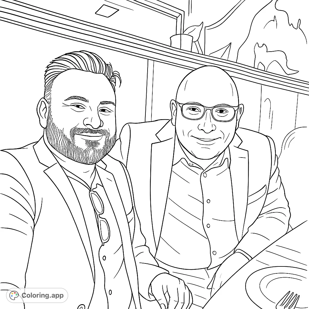 Two men enjoying a social gathering at a restaurant, perfect for a relaxing and detailed coloring experience for adults.