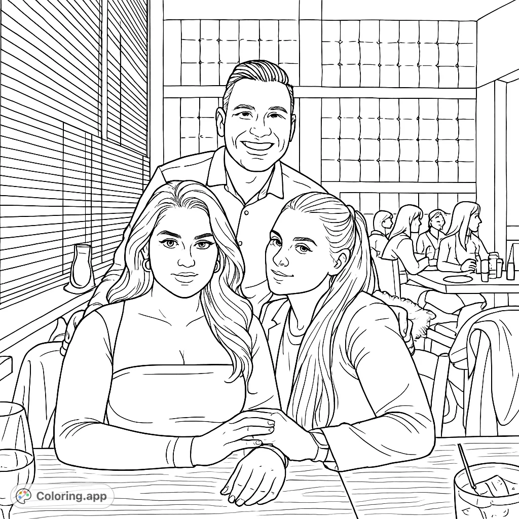 Capture a lively social gathering with three friends enjoying a meal at a restaurant. Perfect for personalizing expressions and details.