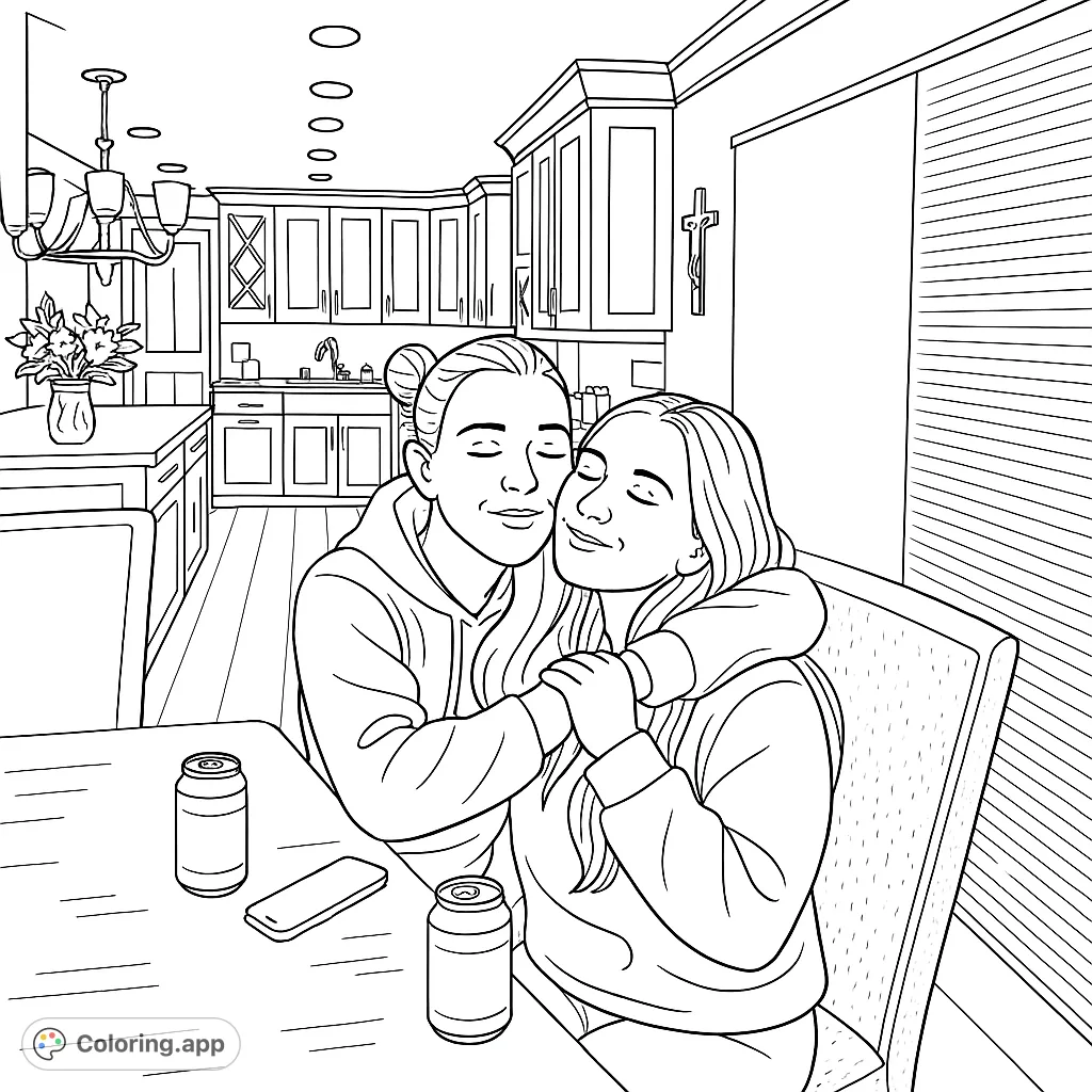 Capture a heartwarming moment of two friends embracing in a modern kitchen. A delightful scene for creative expression and connection.